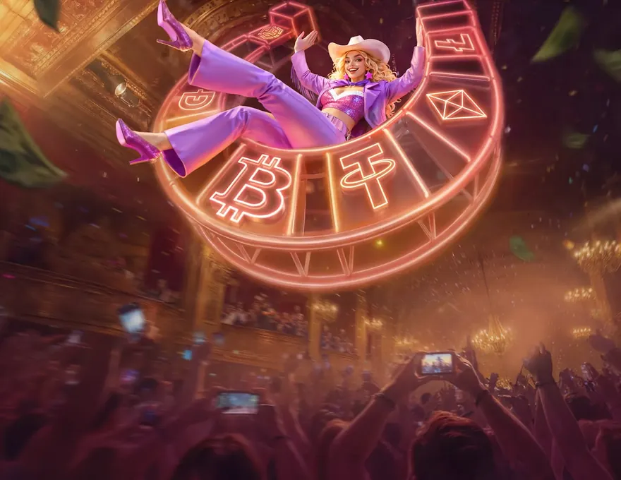WestAce Casino crypto slots bundle – the cowgirl seated on a neon-lit roulette wheel circled by coin symbols
