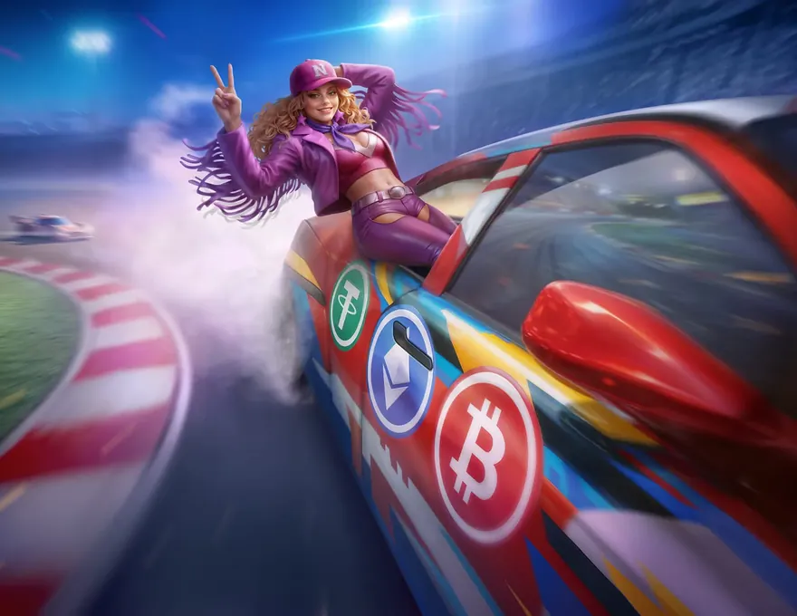 WestAce Casino crypto betting bundle – the cowgirl sitting atop a racing car, crypto tokens flying past